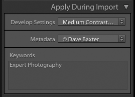 screenshot showing how to import photos into Lightroom - apply during import