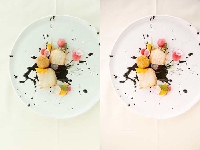 Diptych food photography of a white plate with a creative dessert, the same subject with different lighting.