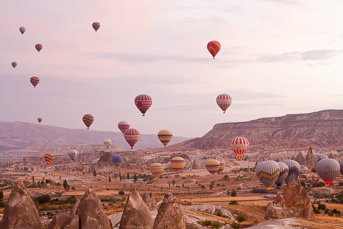 A landscape filled with hot air balloons