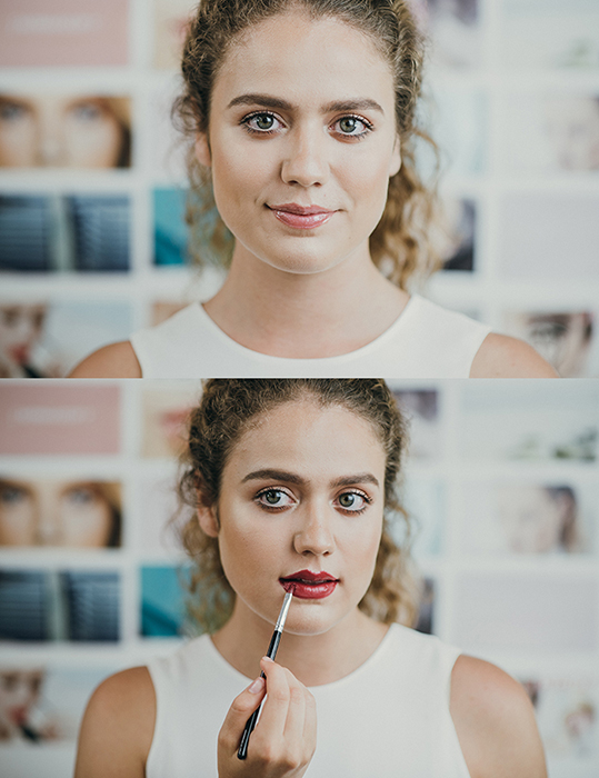 Diptych portrait of a female model posing and applying lipstick for a makeup photography shoot