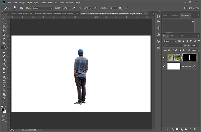 Screen from Photoshop showing man from second image clipped. The background is no longer visible.