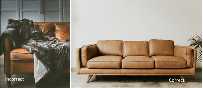 A diptych showing the incorrect and correct way to shoot product photography of a leather couch 