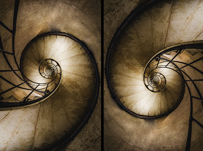 Diptych of a rotated spiral staircase