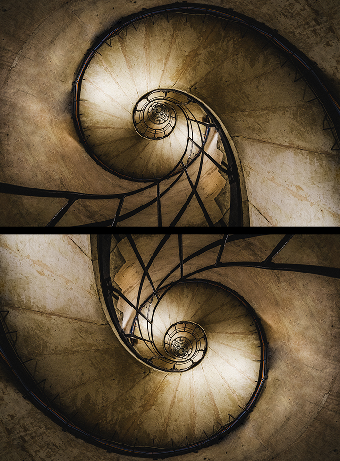 Diptych of a rotated spiral staircase