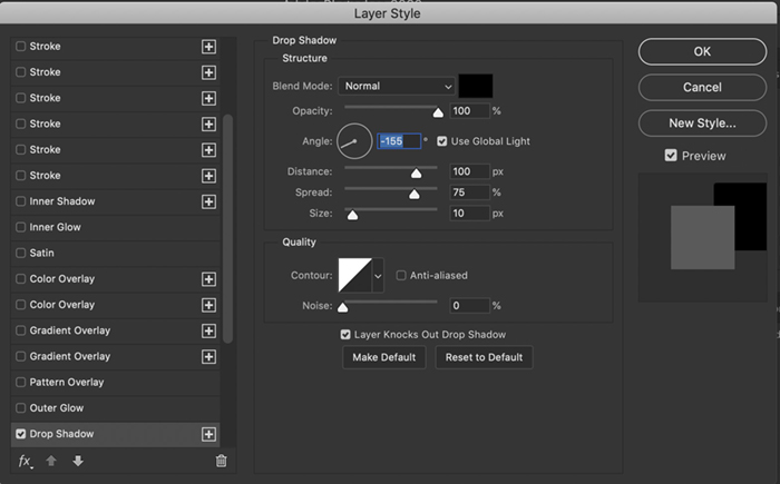 Screenshot of drop shadow dialog box in Photoshop