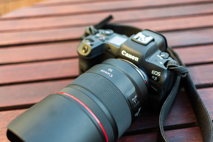 Image of the Canon RF 50mm f/1.2L USM mirrorless lens on the Canon EOS R5