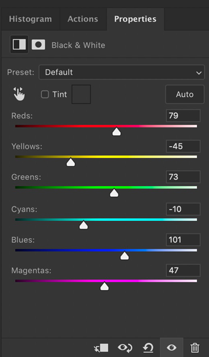 Screenshot of Black & White properties panel used to adjust color shading in Photoshop selective color process