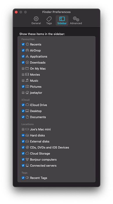 a screeshot of the Mac Finder Preferences Sidebar tick window