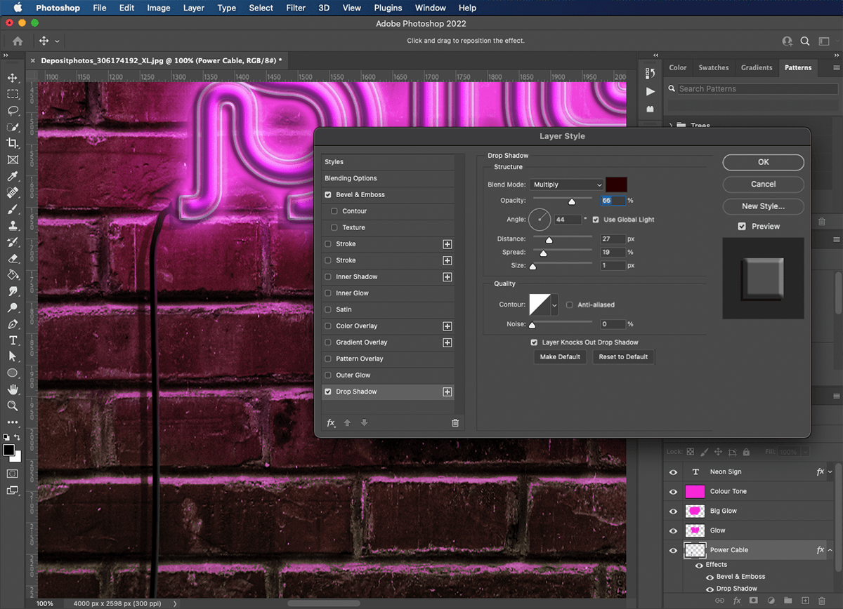 creating a shadow for the power cable using the drop shadow settings