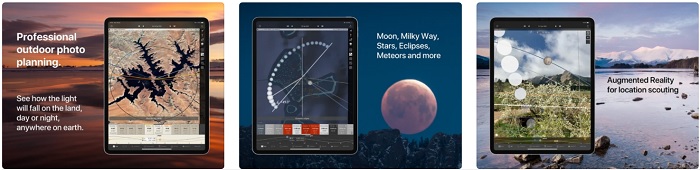 Screenshots of the Photographer's Ephemeris app