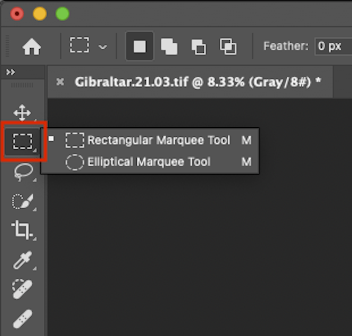 A digital design software interface with a dropdown menu highlighted, and the selected item is Rectangular Marquee Tool.
