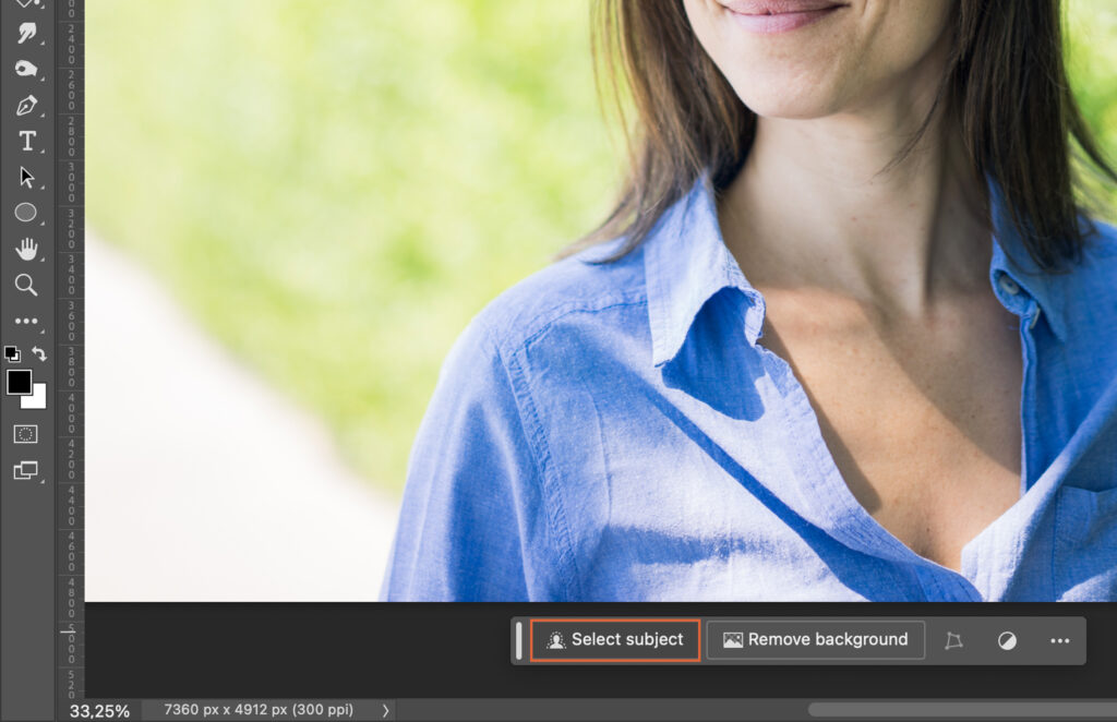 A photo editing software with a woman in the foreground looking at the camera, and a sidebar interface visible on the right side of the screen. 