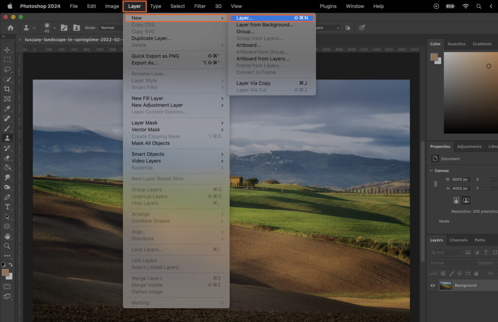 New layer option in Photoshop.