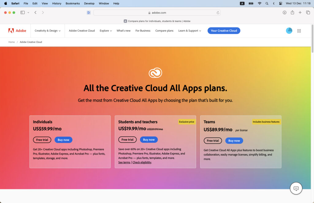 An Adobe page displaying various app plans and their prices in different colors. 