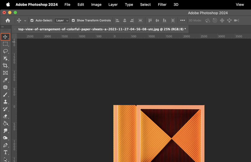 Adobe Photoshop software with an open document, showcasing a digital art piece featuring geometric shapes and patterns in orange hues. 