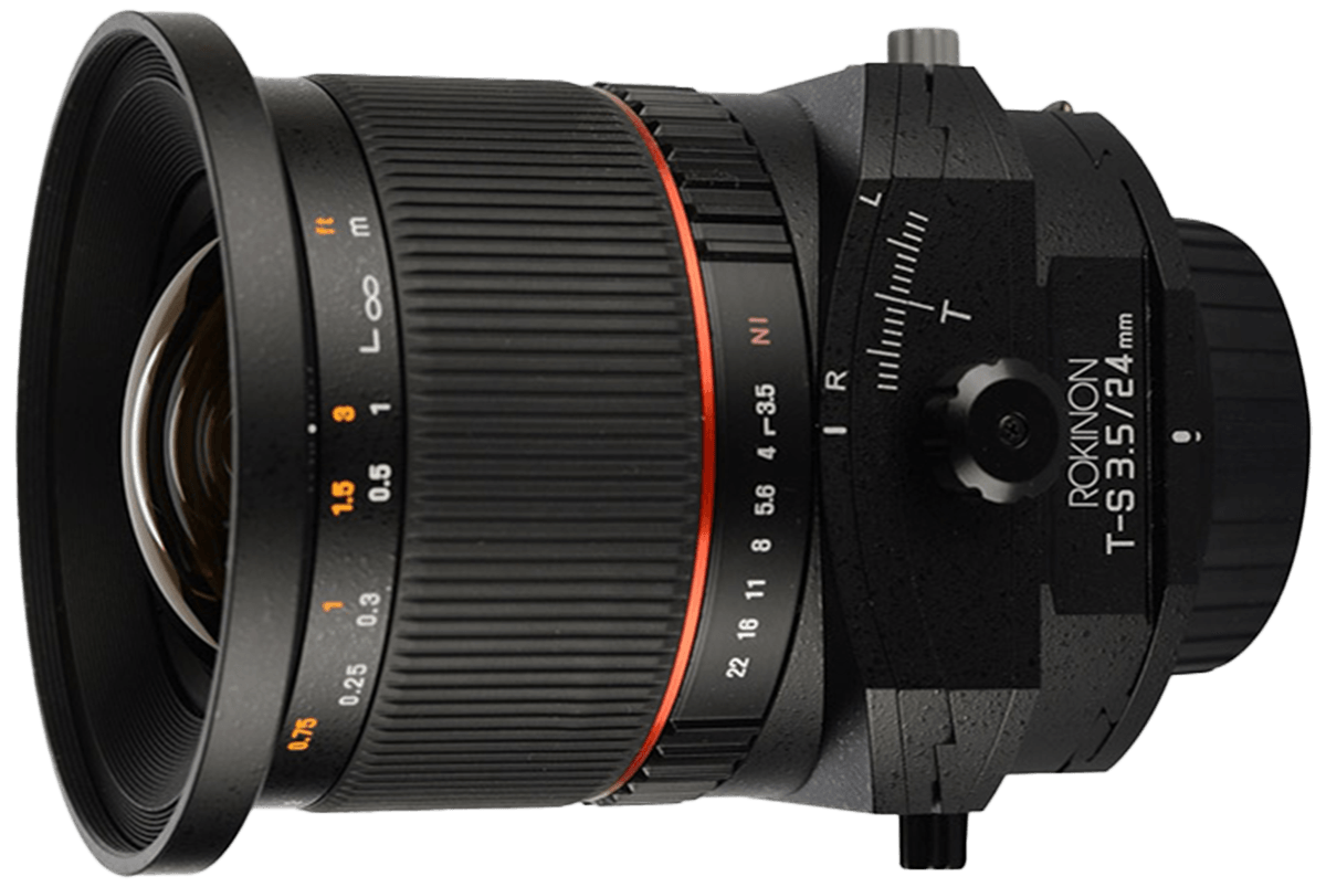 A product photo of a Rokinon tilt-shift lens