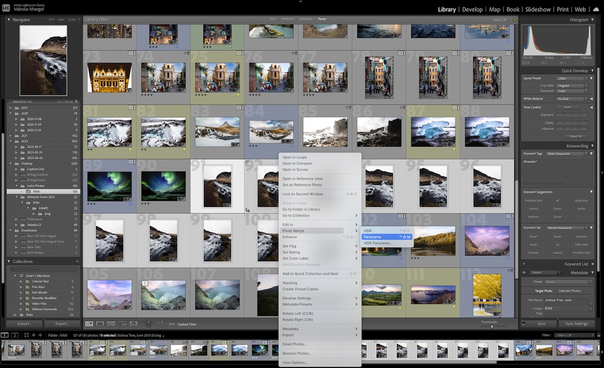 screenshot of selecting images in a series in Lightroom