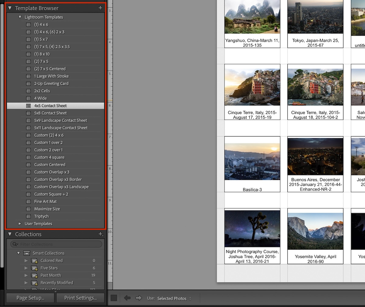 screenshot of lightroom contact sheet print templates in adobe lightroom classic with a red box around the options